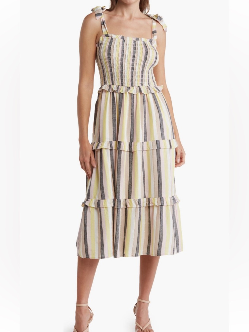 BTLF-Striped Tiered Midi Dress with Ruffle Details - Yellow/Gray